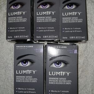 FIVE BOXES OF LUMIFY REDNESS RELIEVER EYE DROPS.